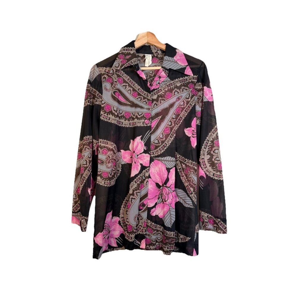 Vintage 70s Women’s Shirt Paisley Gogo Mod Disco Hippie Button Sheer Size Med - Picture 1 of 11